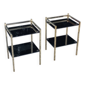 Pair of 70s designer bedside tables in gold metal and black glass3