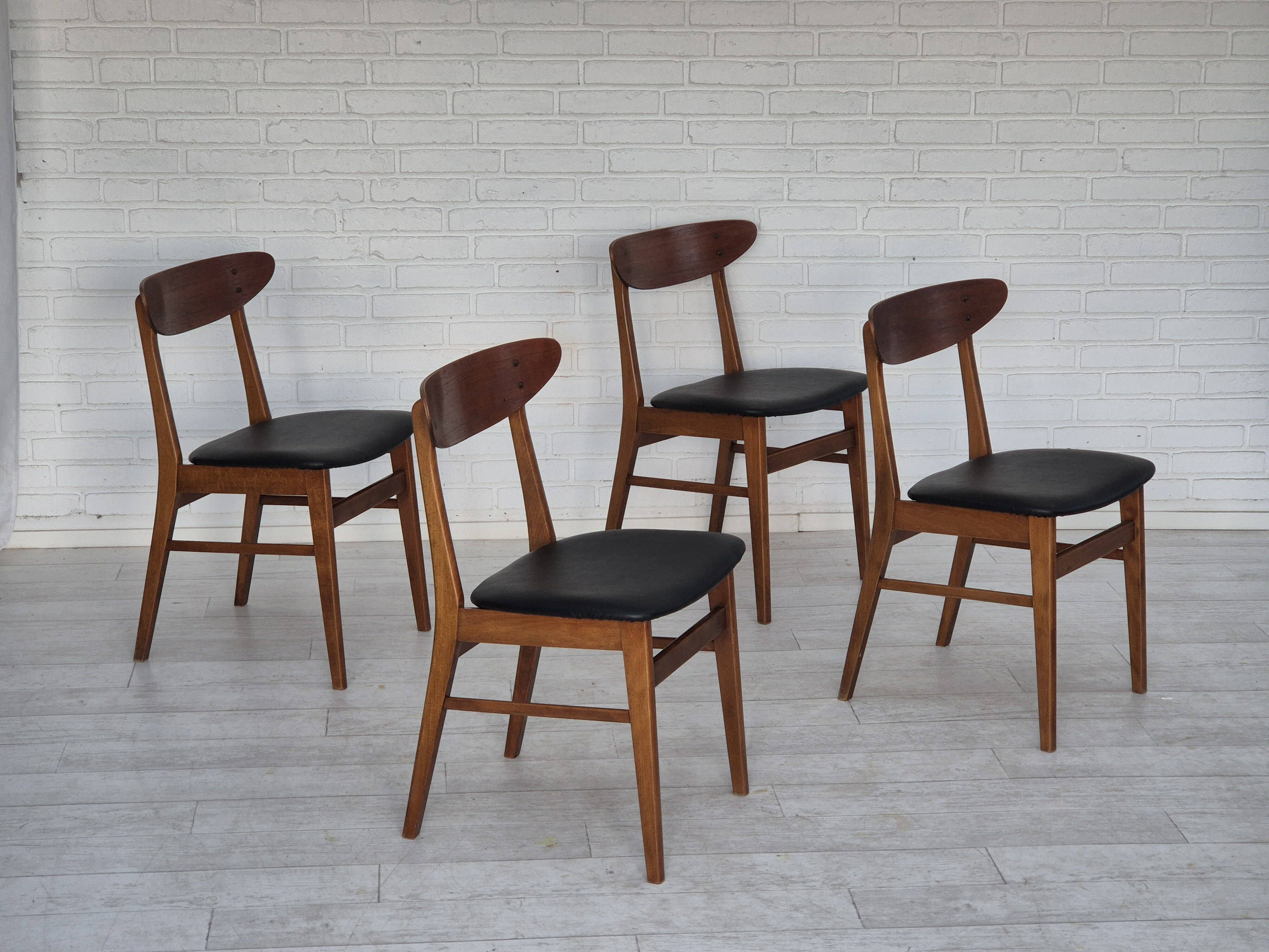 1960s, set of 4 Danish dining chairs by Farstrup, bent teak wood, reupholstered.