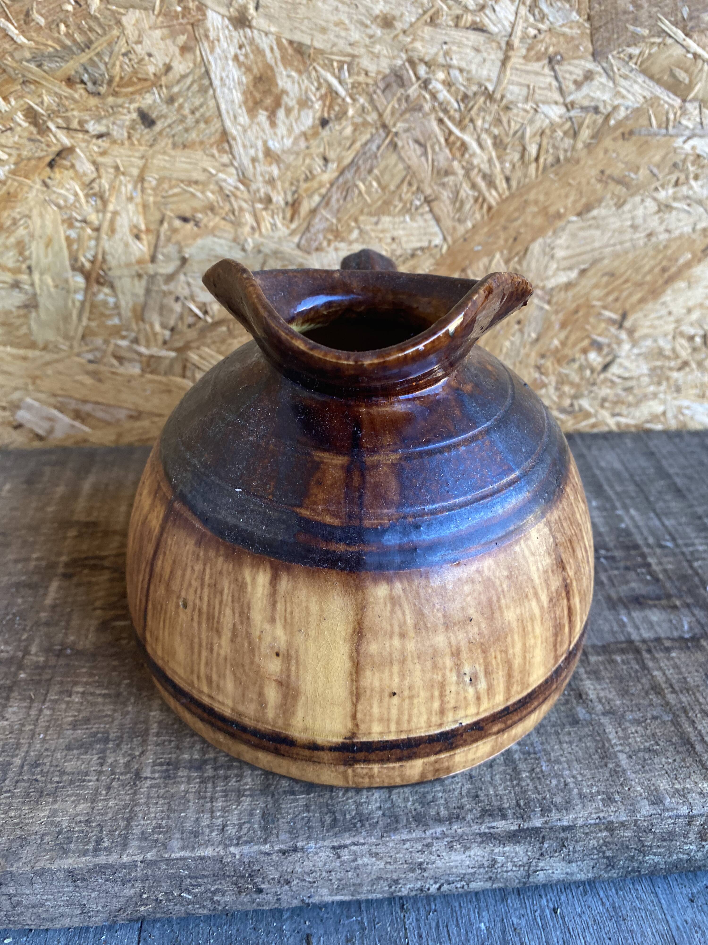 Old Terracotta Pitcher Barrel Shape Vintage Kitchen #D972