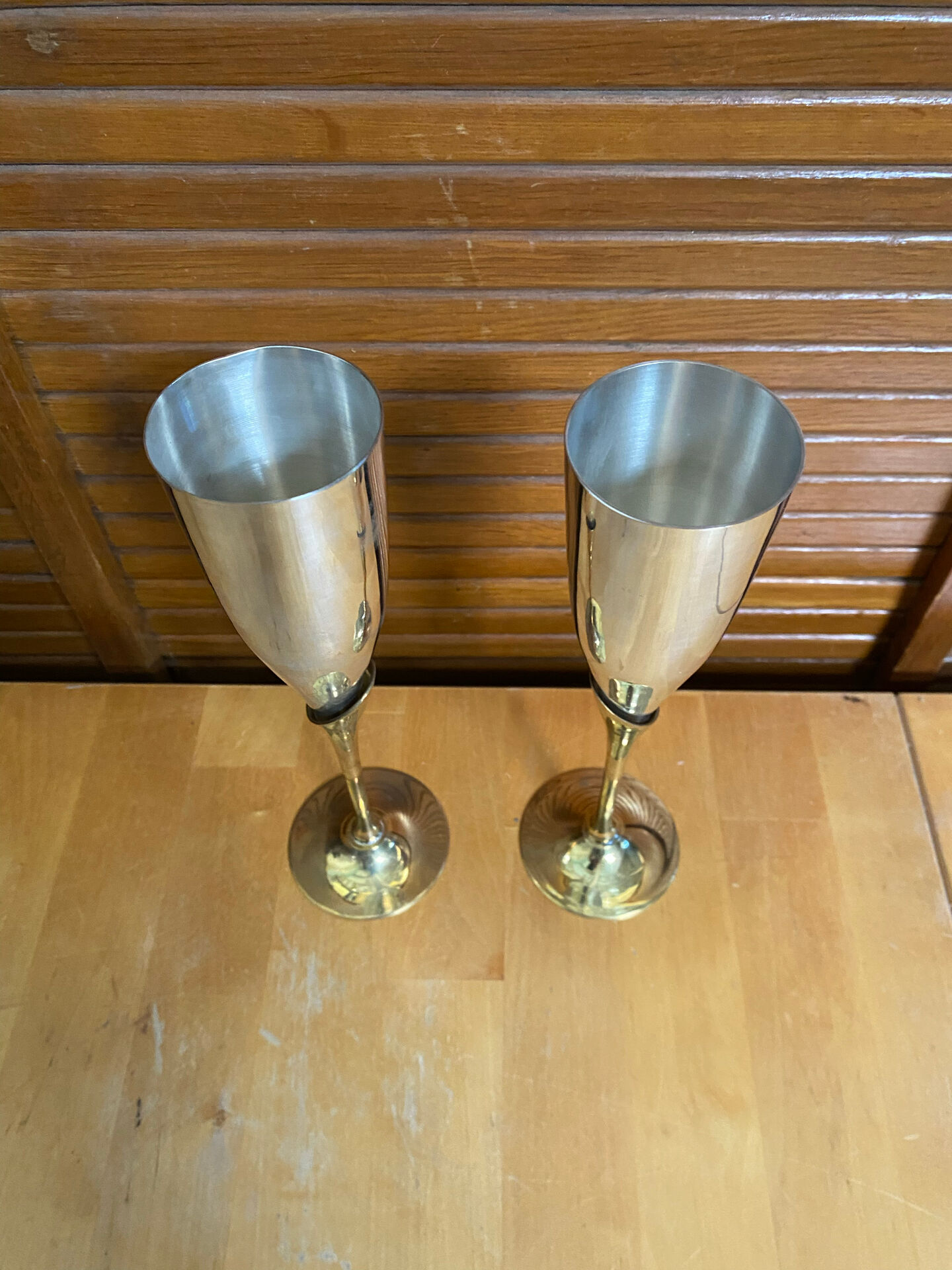 Paire Flûte Champagne Métal Chromé + Doré Vintage #E368