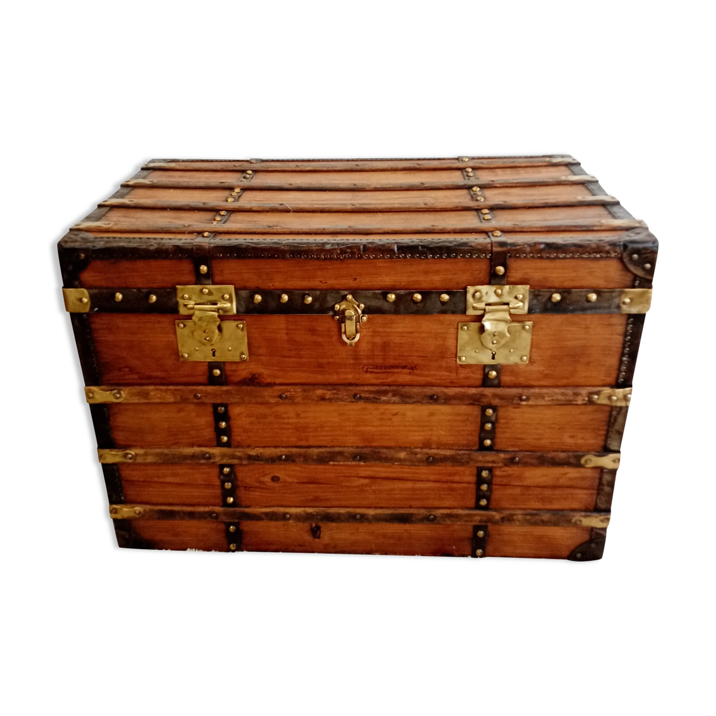 Restored varnished wooden antique travel trunk