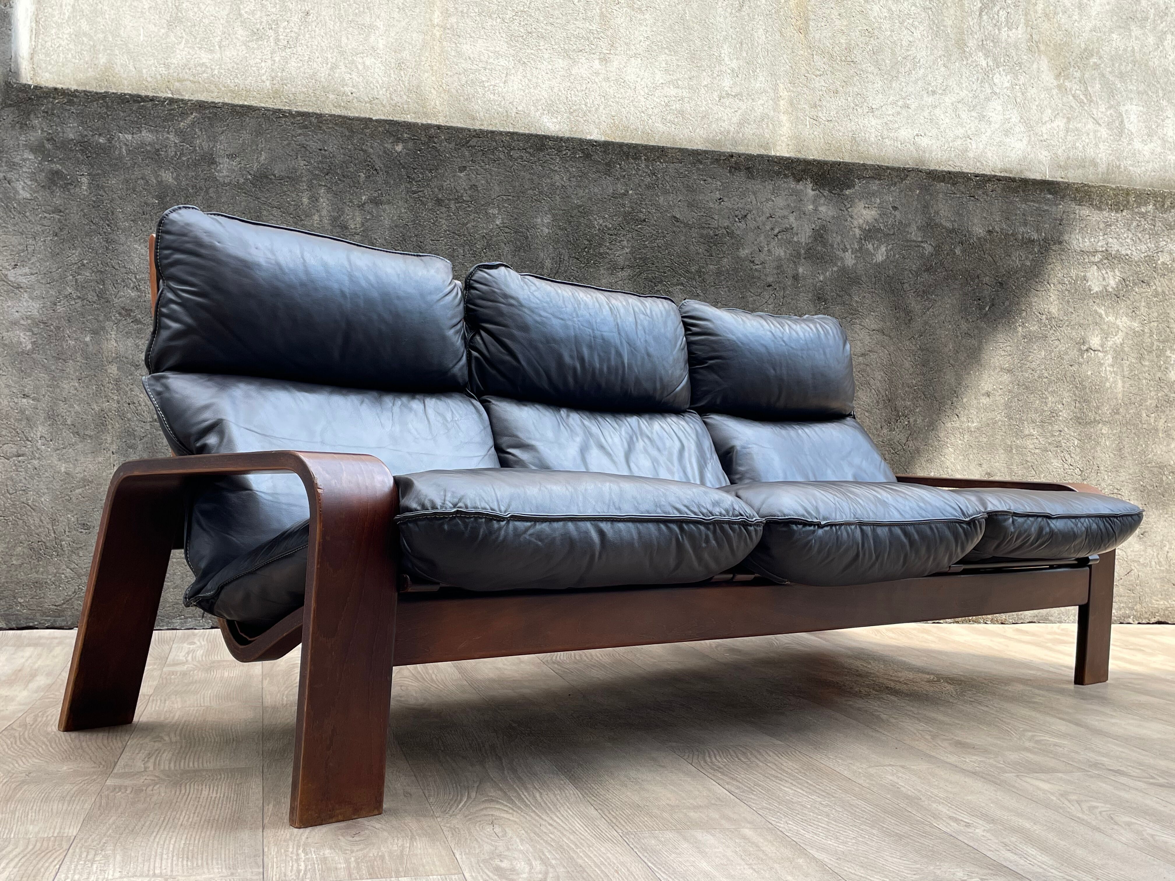 Scandinavian wooden and leather sofa, 1970s