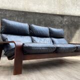Scandinavian wooden and leather sofa, 1970s