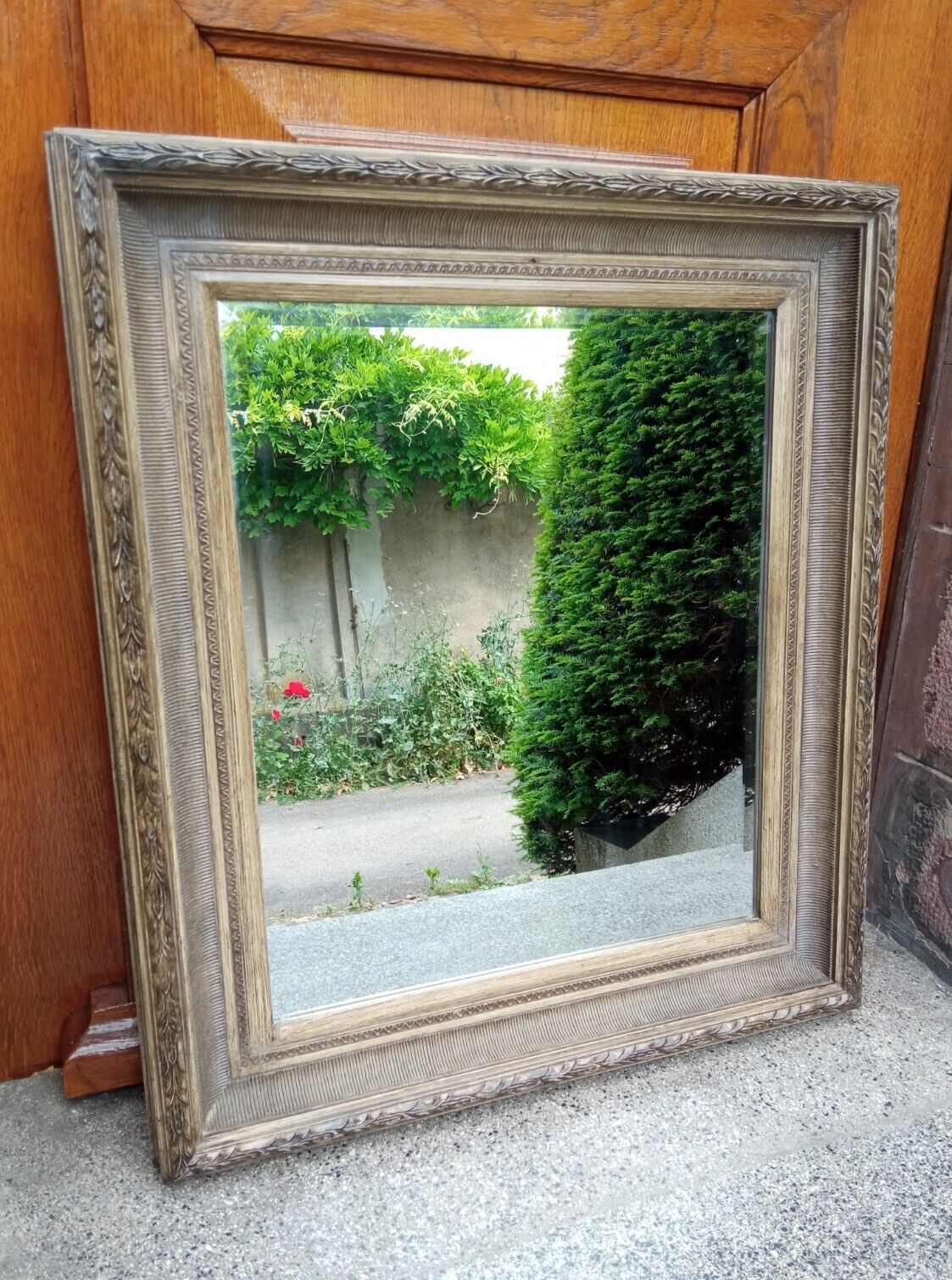 Patinated wall mirror gray with beveled ice, 80 x 70 cm
