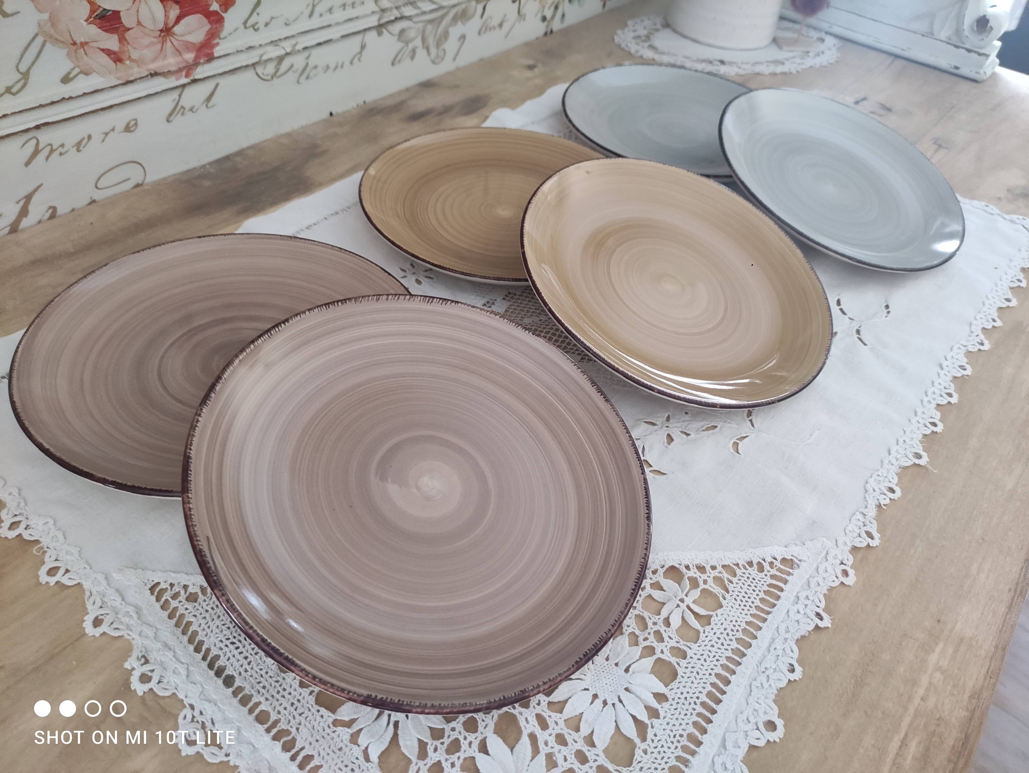 Lot de 6 assiettes à dessert en faïence van well en camaïeu de brun, ocre et gris, liseré brossé