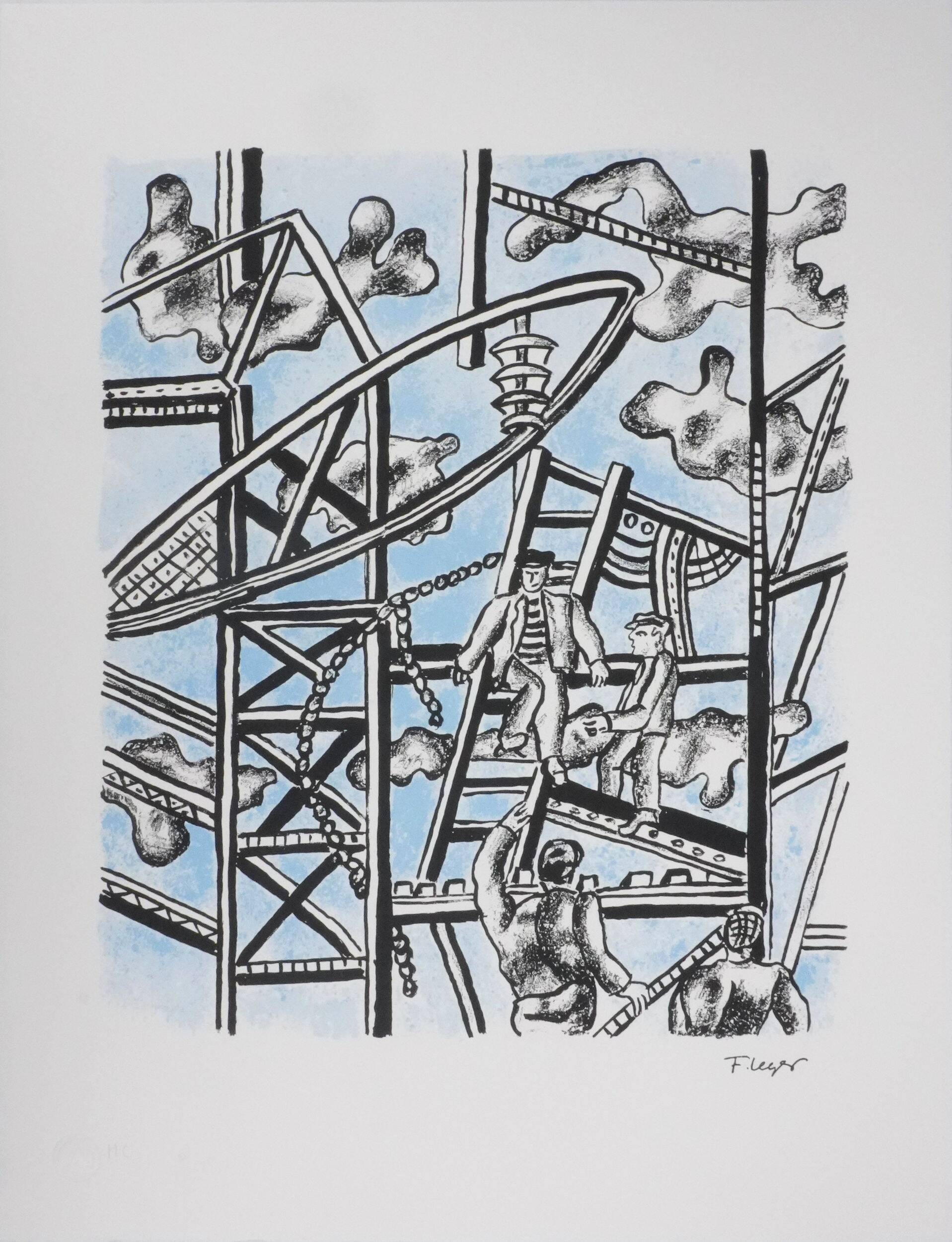 Fernand leger : les constructeurs (bleu), lithographie signée