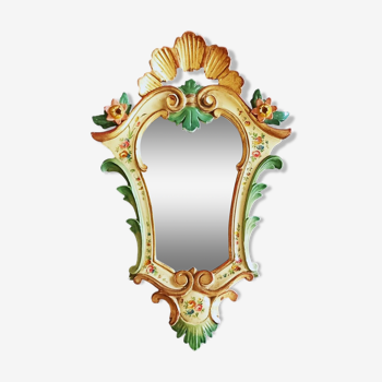 Miroir Cartouche de Style Rococo Italien Peint avec Motifs Floraux