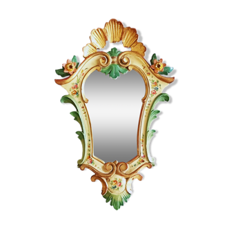 Miroir Cartouche de Style Rococo Italien Peint avec Motifs Floraux