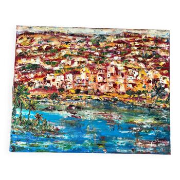 Tableau huile sur toile paysage bord de mer coloré vintage