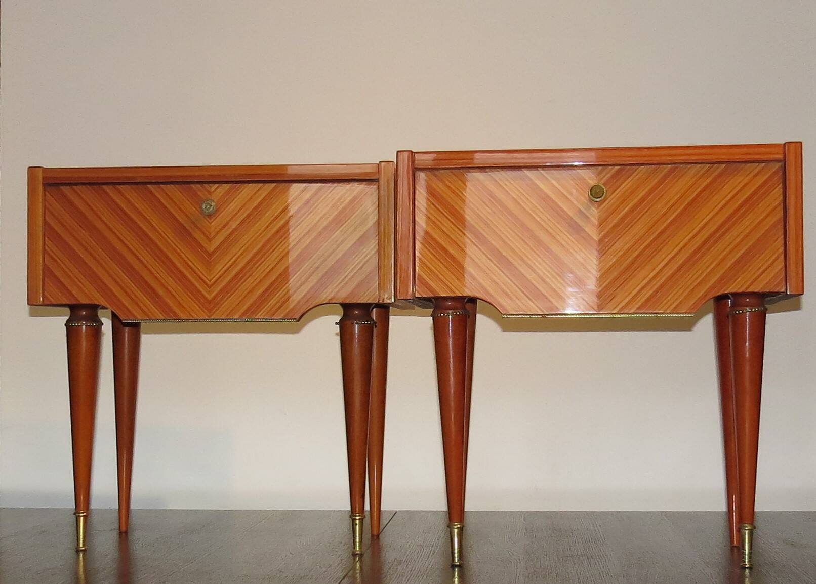 Pair of 60s veneer bedside tables with brass decorations