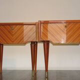 Pair of 60s veneer bedside tables with brass decorations