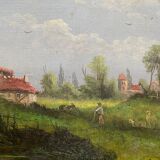 Hst painting "animated landscape at the pond and village" barbizon with nineteenth century frame