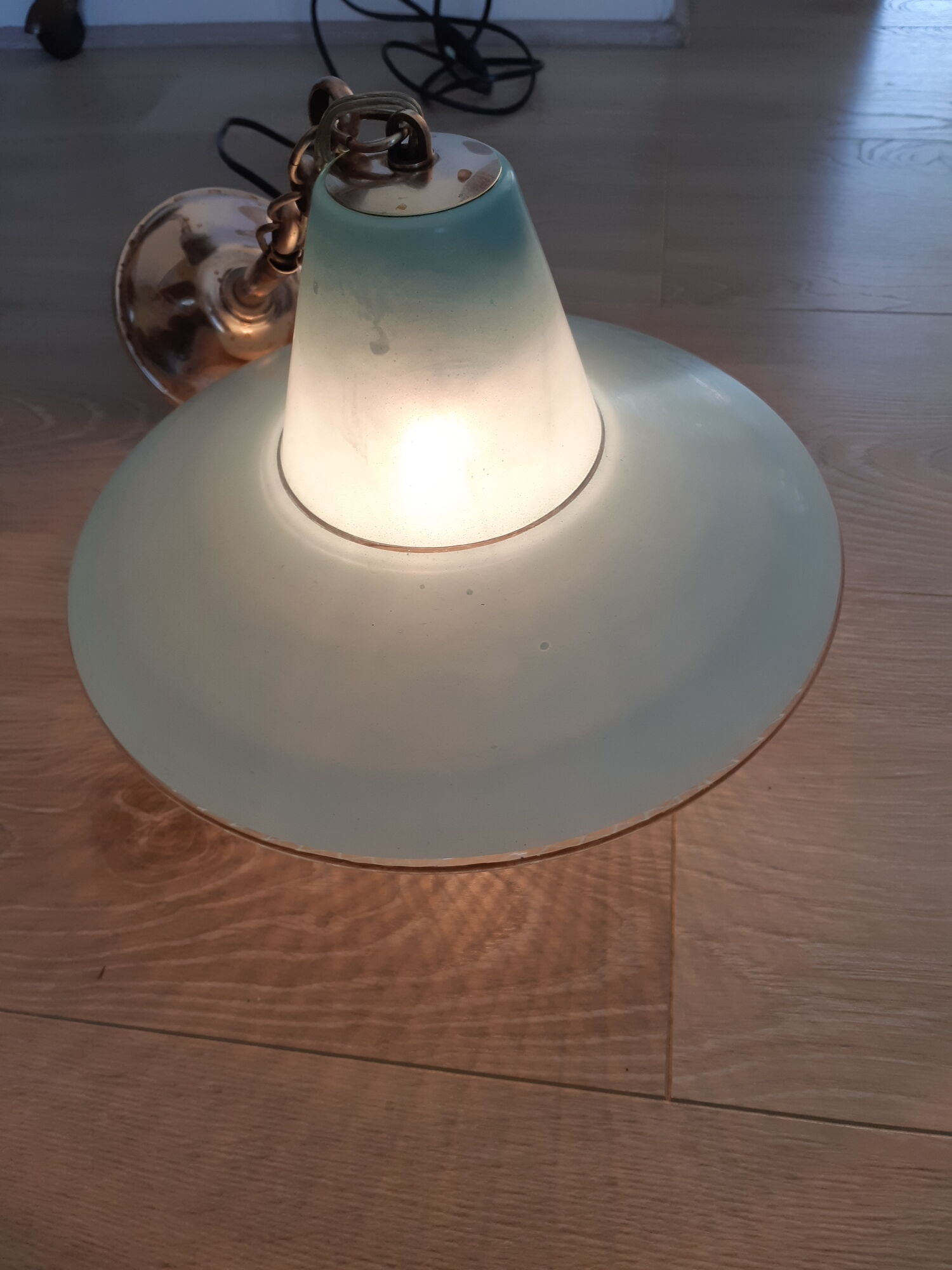 Vintage ceiling lamp suspension in glass, blue, 50s