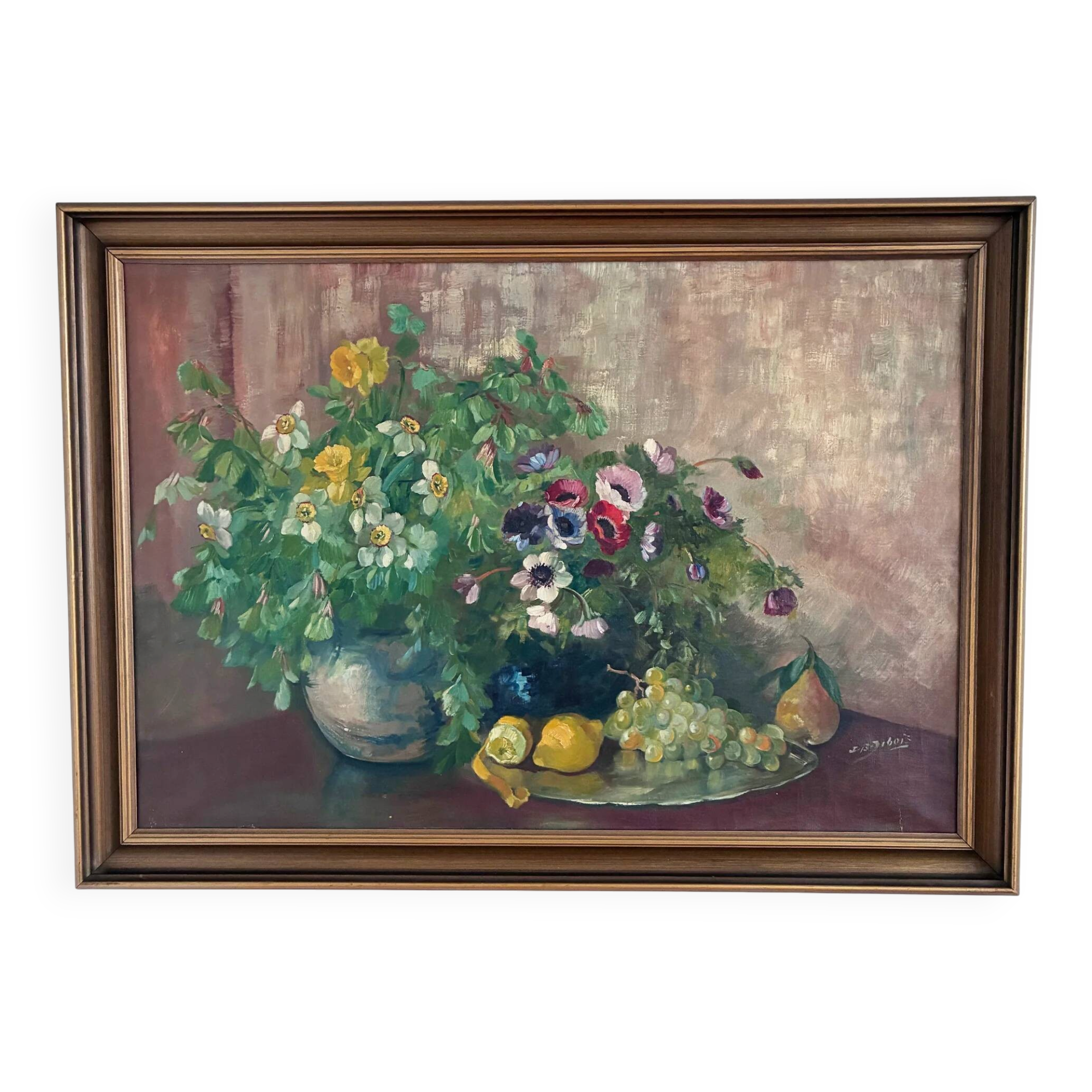 Large vintage original floral still life painting with fruit