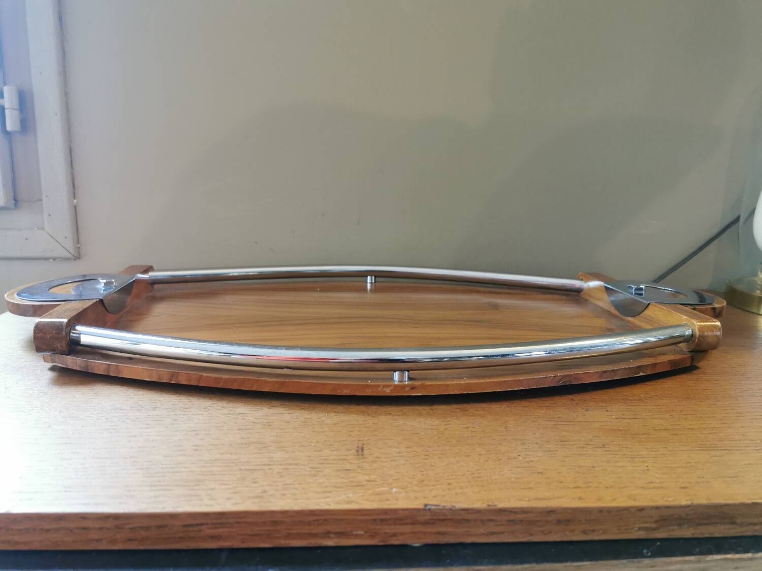 Large Art Deco tray in wood and chrome-plated metal