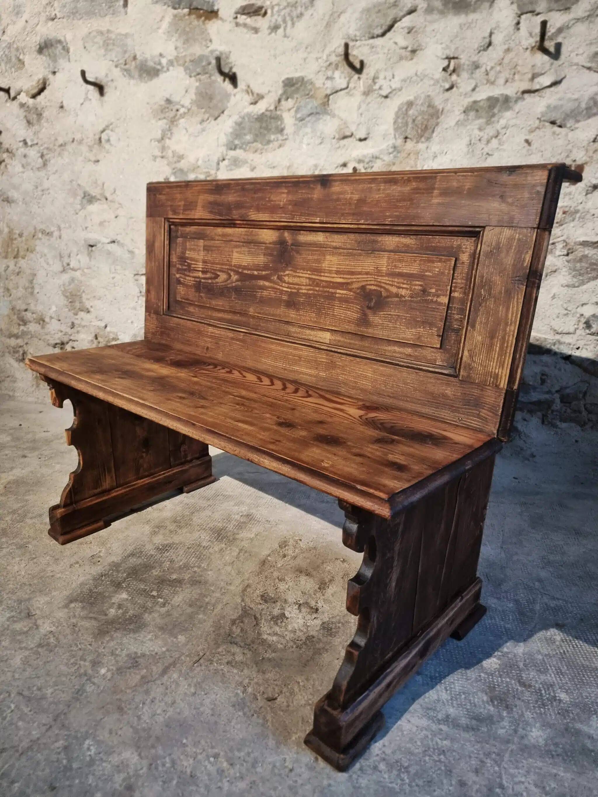 Antique French pine bench – circa 1920 – rustic church pew style