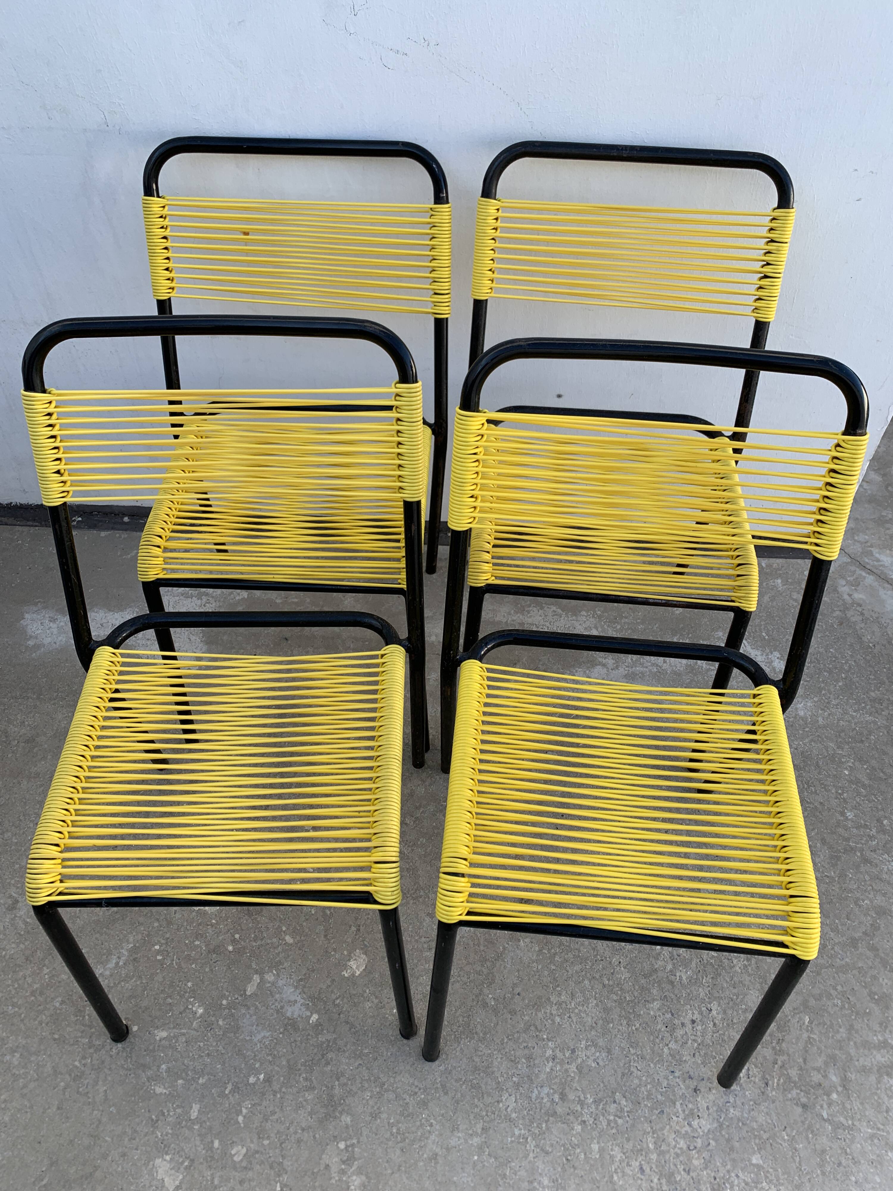 4 yellow scoubidou chairs, 1950