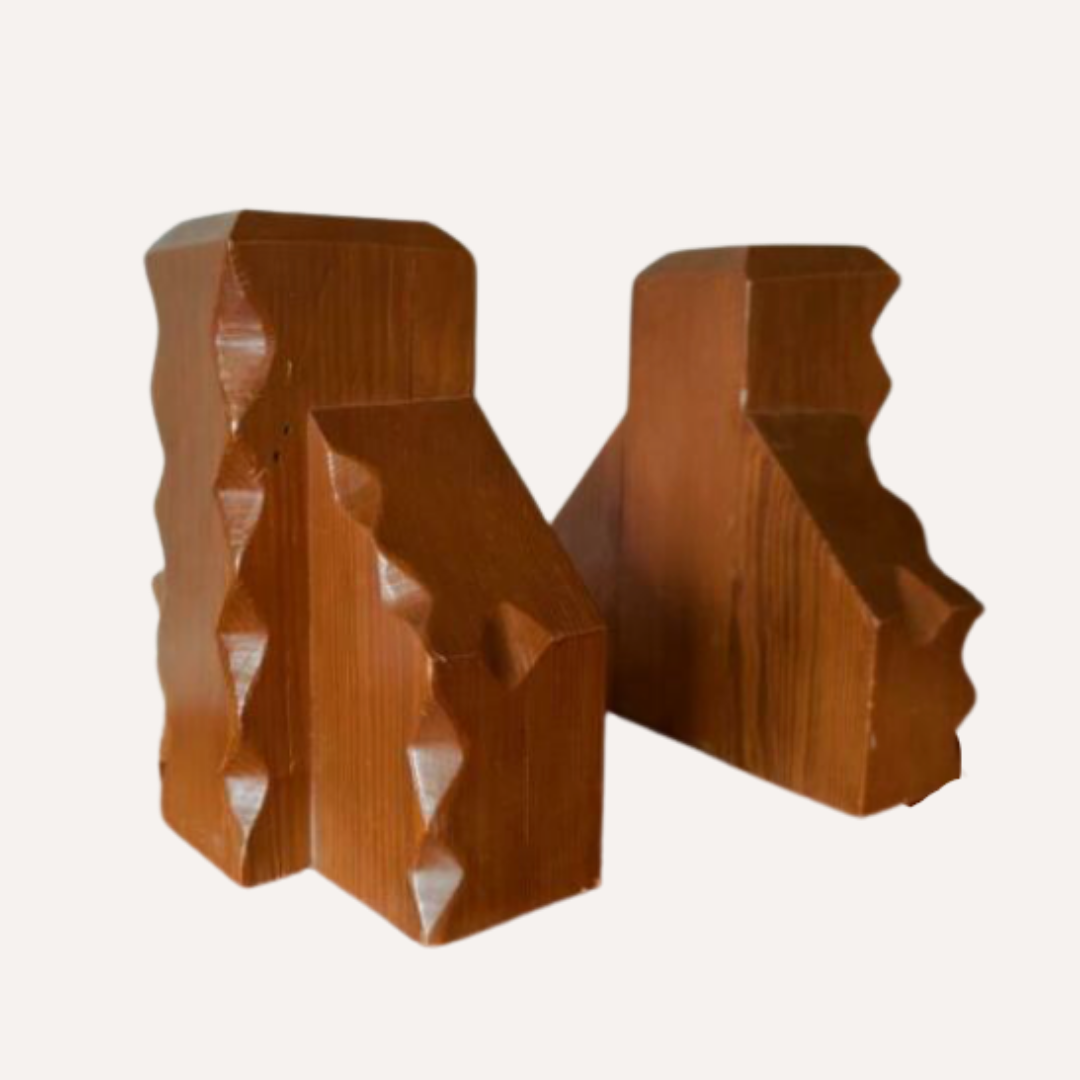 Brutalist carved wooden book ends, Dutch 1960s