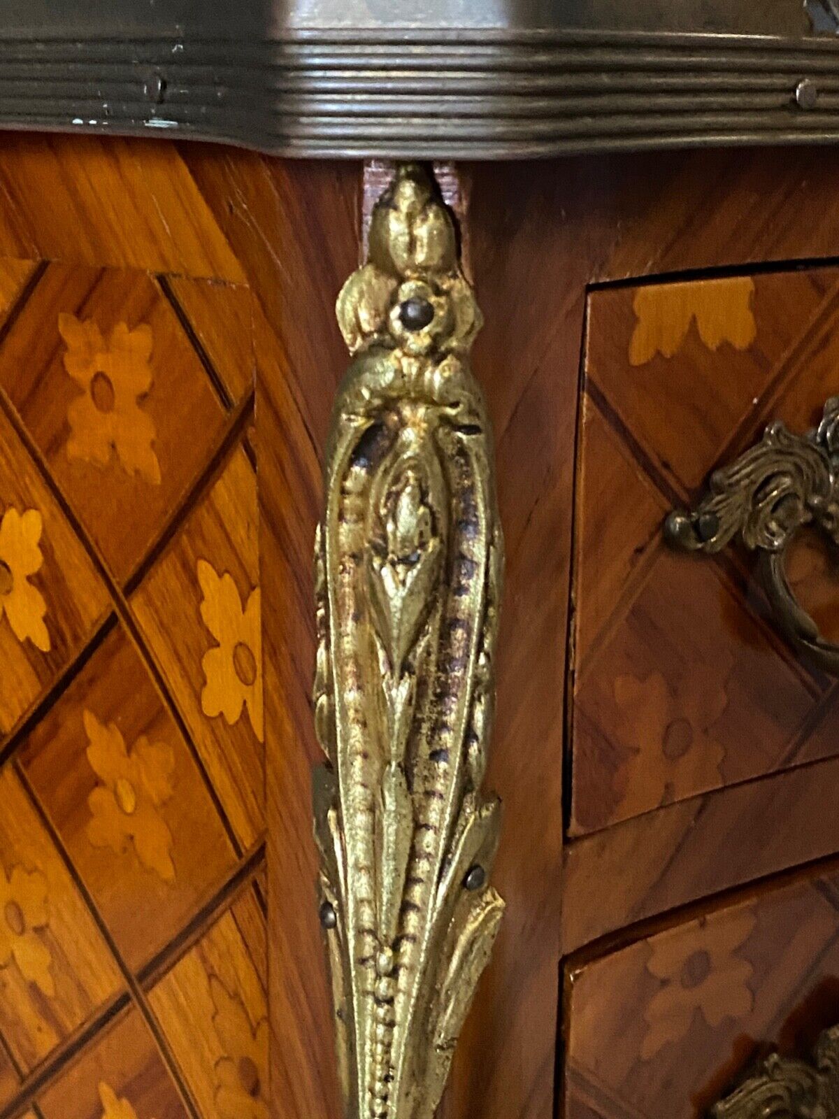 Pair of bedside tables Louis XV style marquetry with shamrocks and XXth bronze