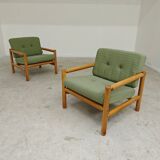 Pair of chalet style armchairs in green fabric