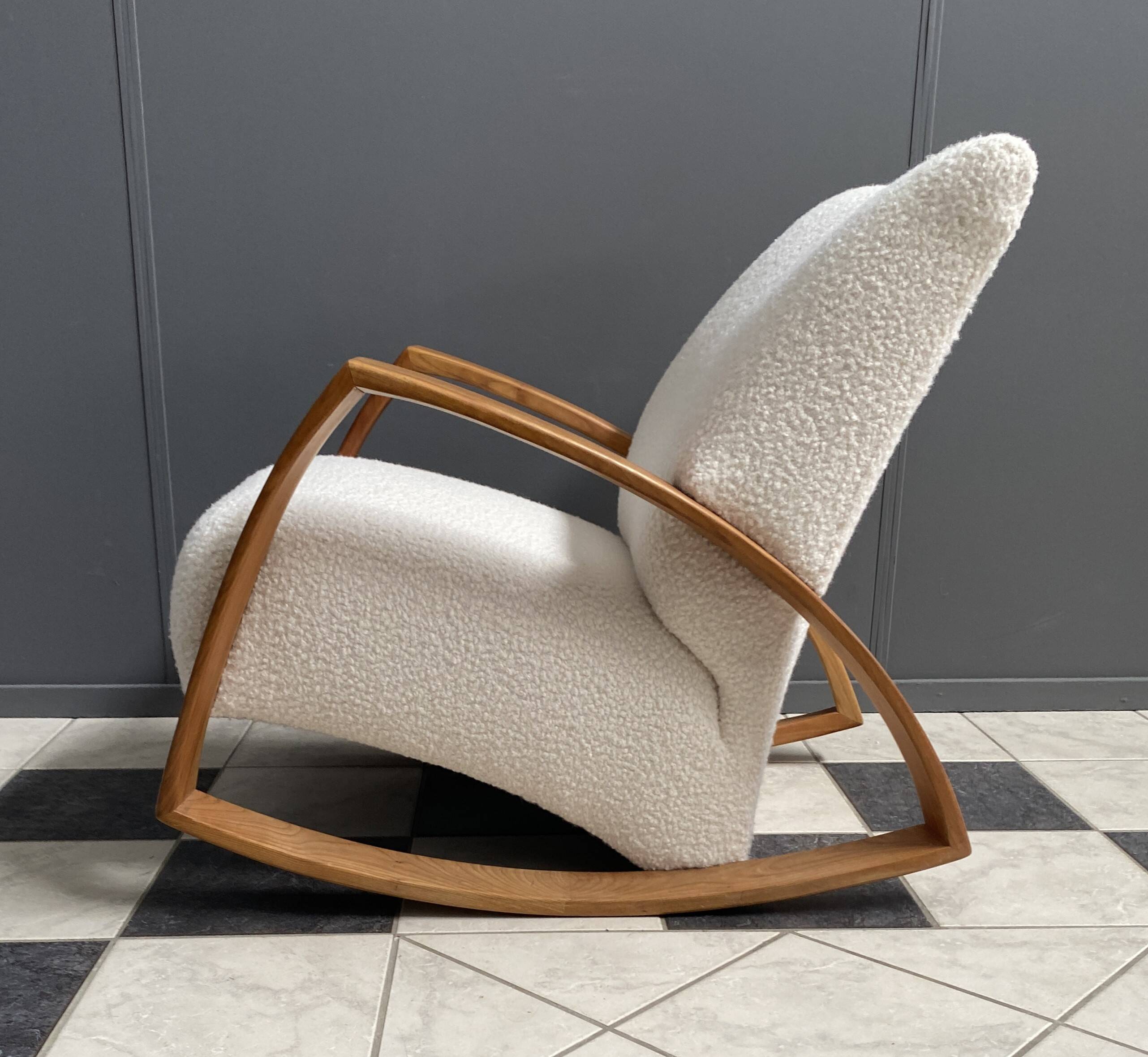 Large white boucle fabric rocking chair