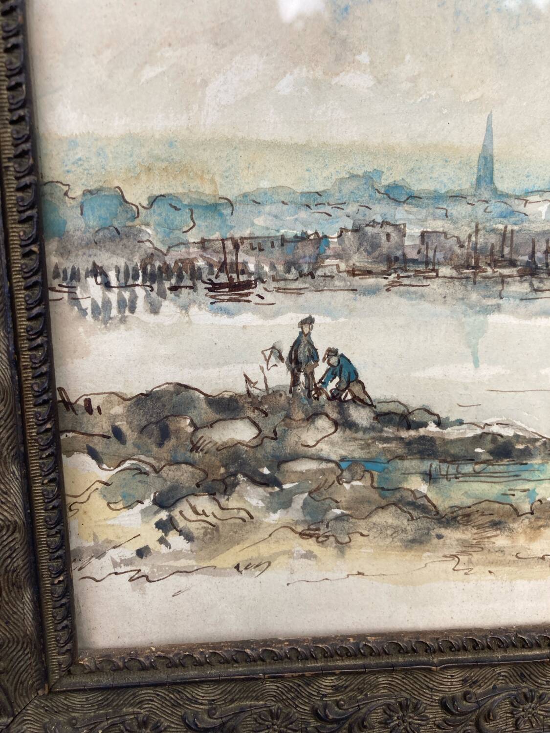 Watercolor old shore golden frame