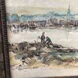 Watercolor old shore golden frame