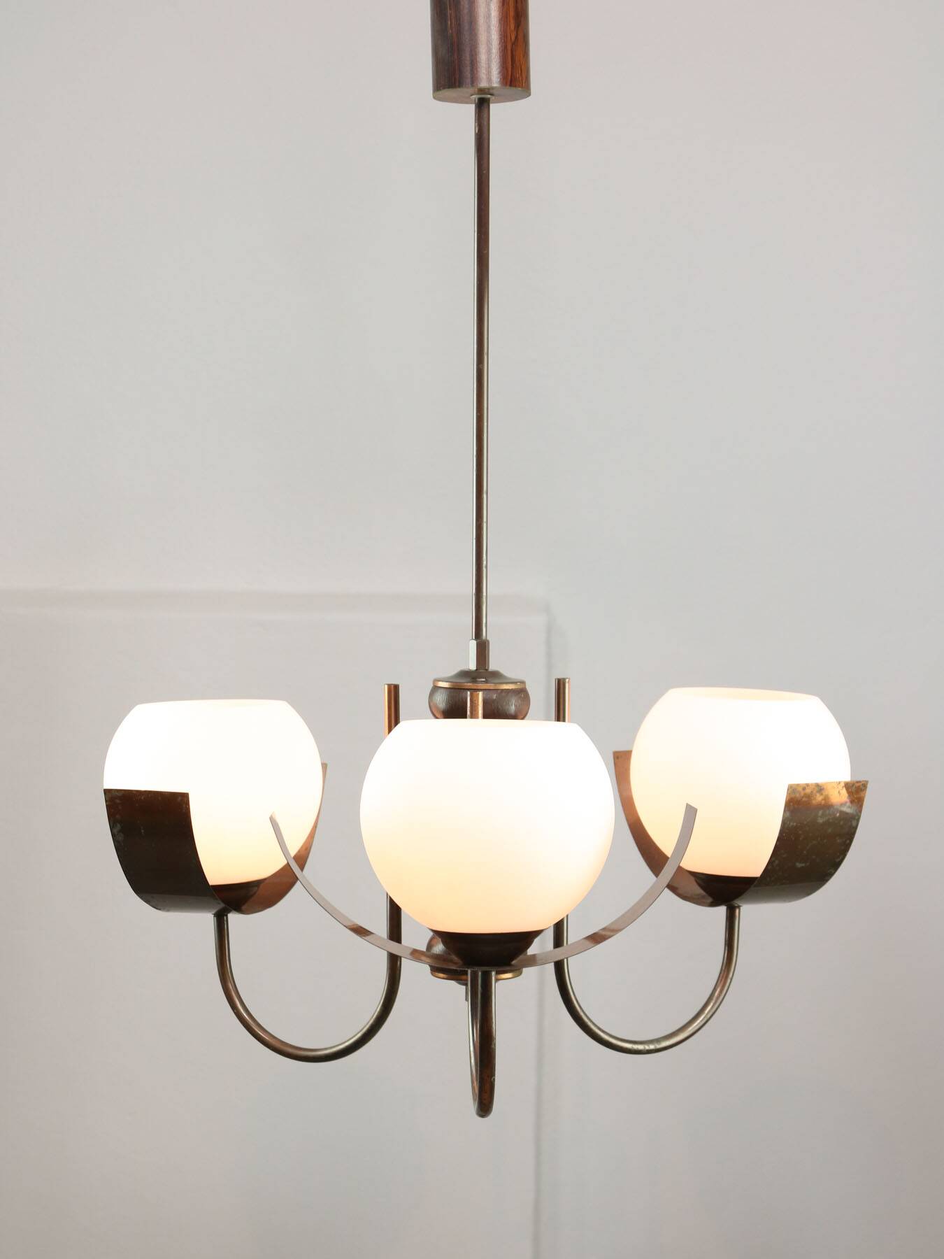 Vintage Italian Copper and Opaline Chandelier, 1970s