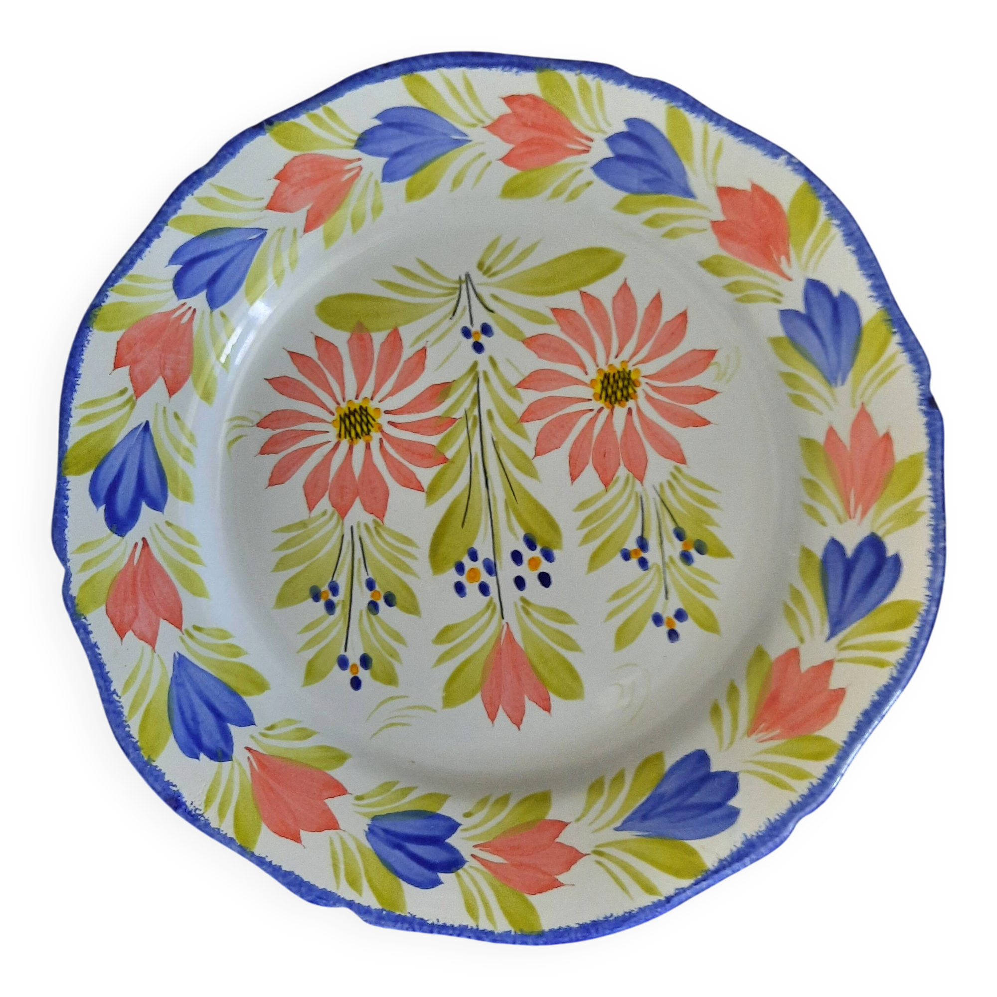 Old flat plate faience hb quimper hand-painted floral decoration