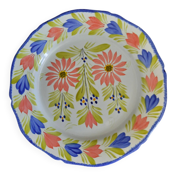 Ancienne assiette plate faïence hb quimper peint main décor floral