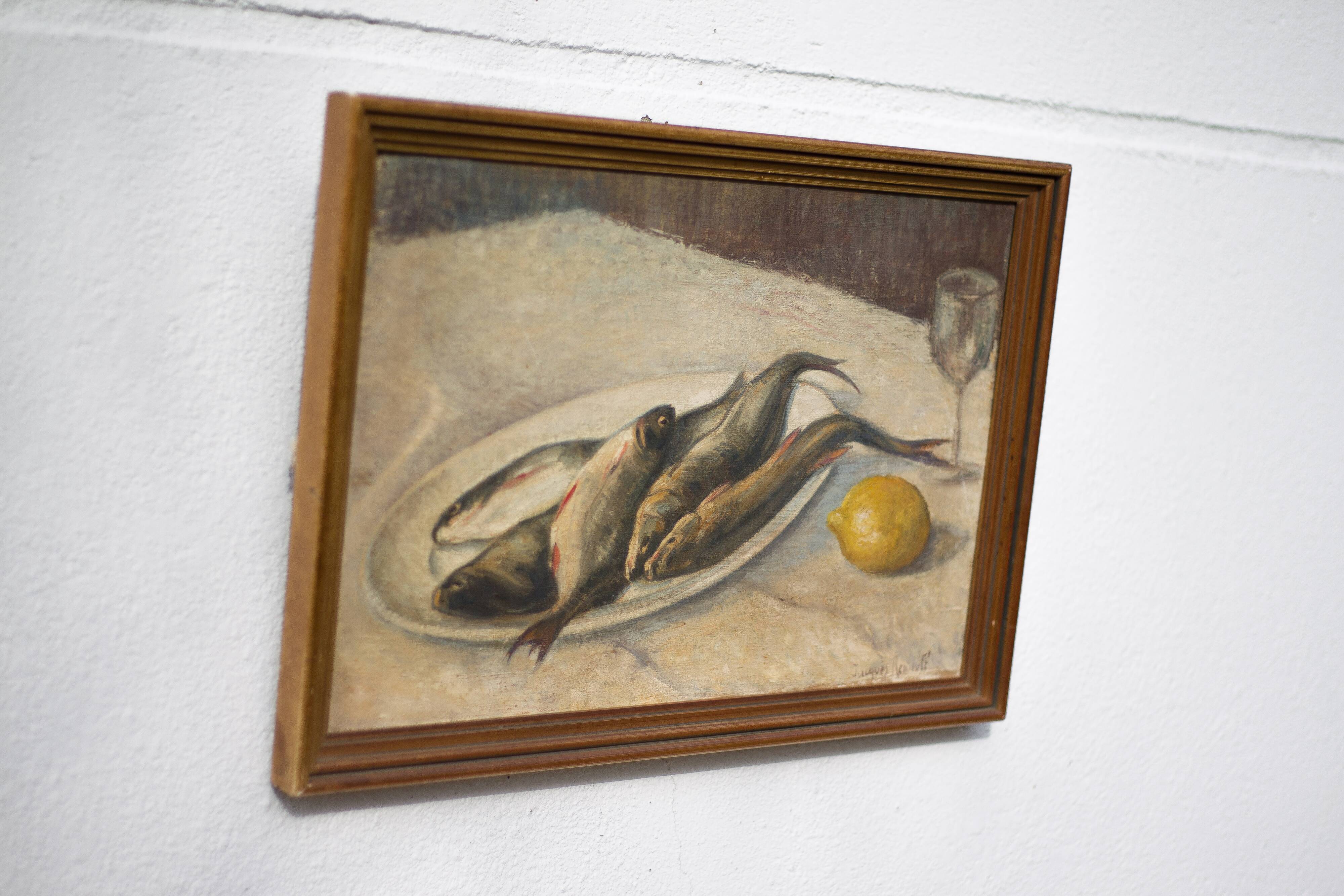Vintage painting, still life fish painting, signed painting, wall decoration, home decor