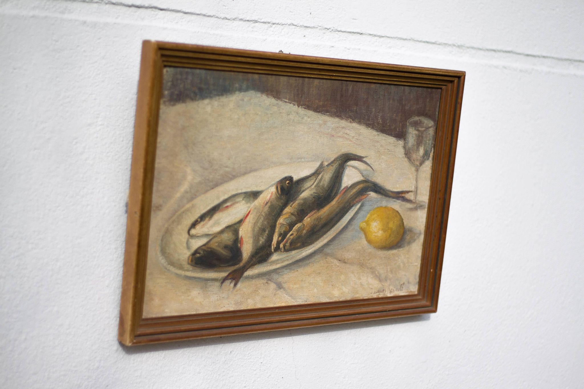 Vintage painting, still life fish painting, signed painting, wall decoration, home decor