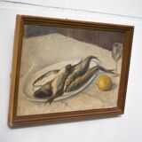 Tableau vintage, tableau nature morte poisson, peinture signée , décoration murale,home decor