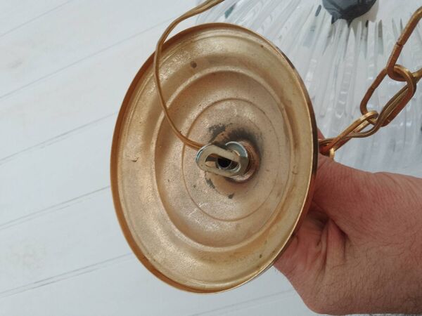 Suspension boule en verre épais striée design luminaire année 1980 space age