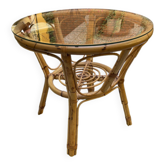 Vintage round rattan wicker coffee table