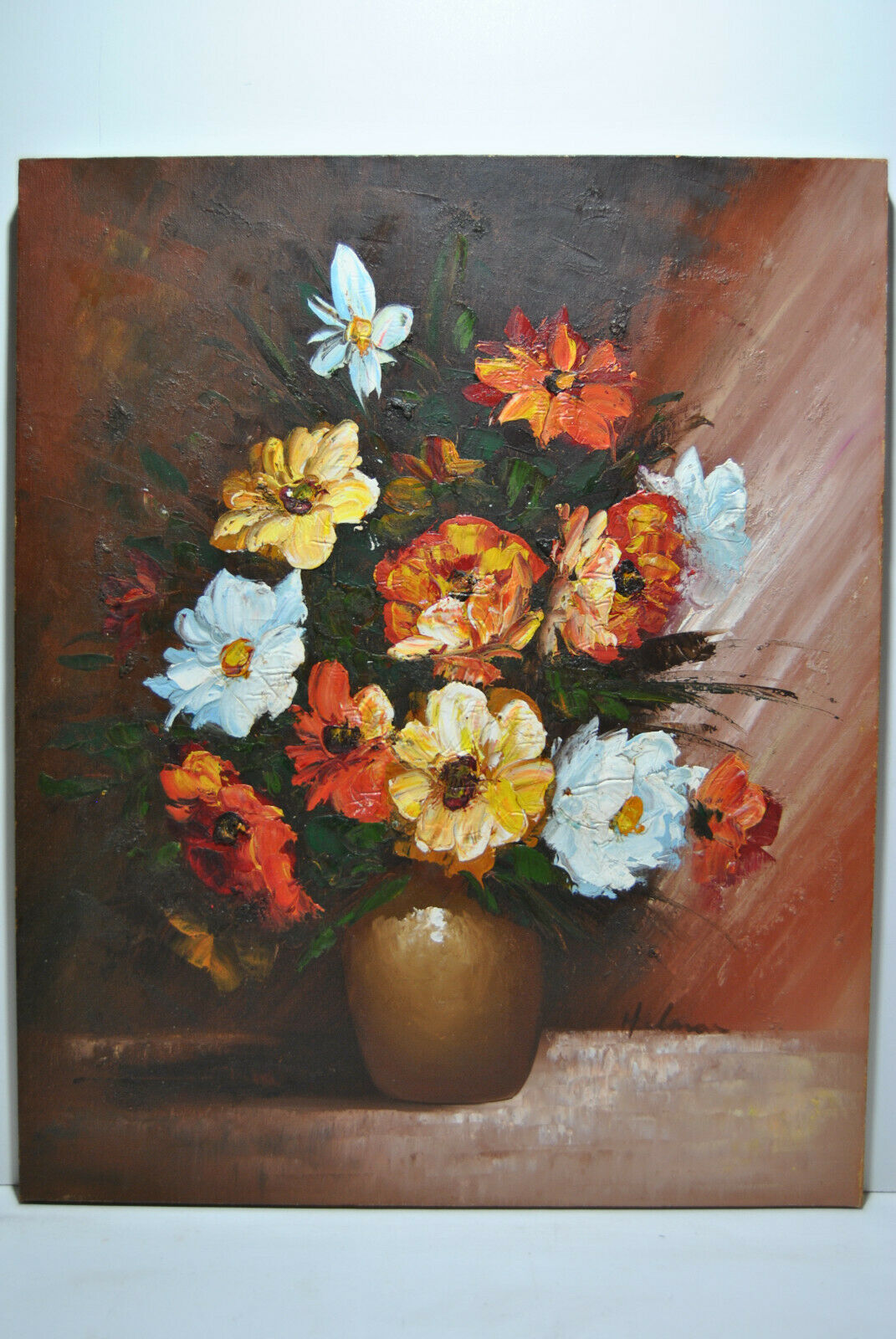 Still life painting with flowery vase bouquet flower signed Hilnan?