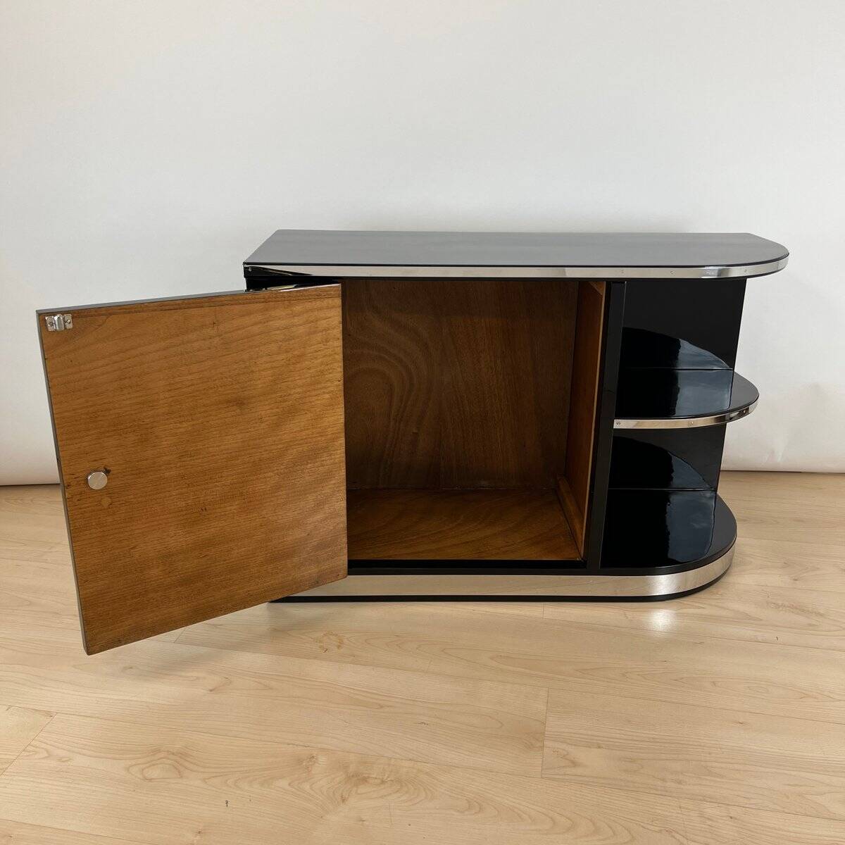 Art Deco Black Lacquered Lowboard with Chrome Fittings, France, 1930s