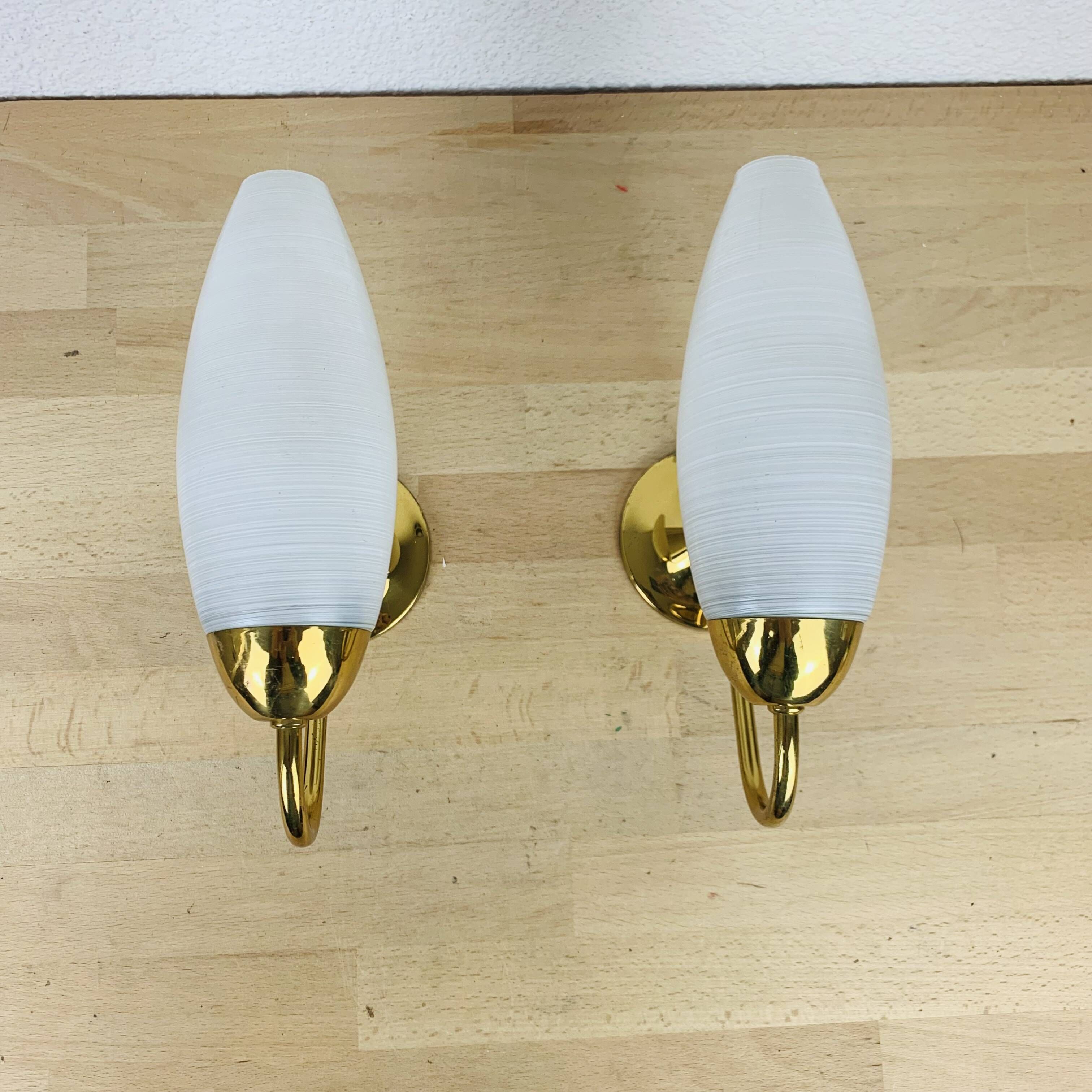 Pair of opaline brass wall lights from the 50s, Arlus, Lunel