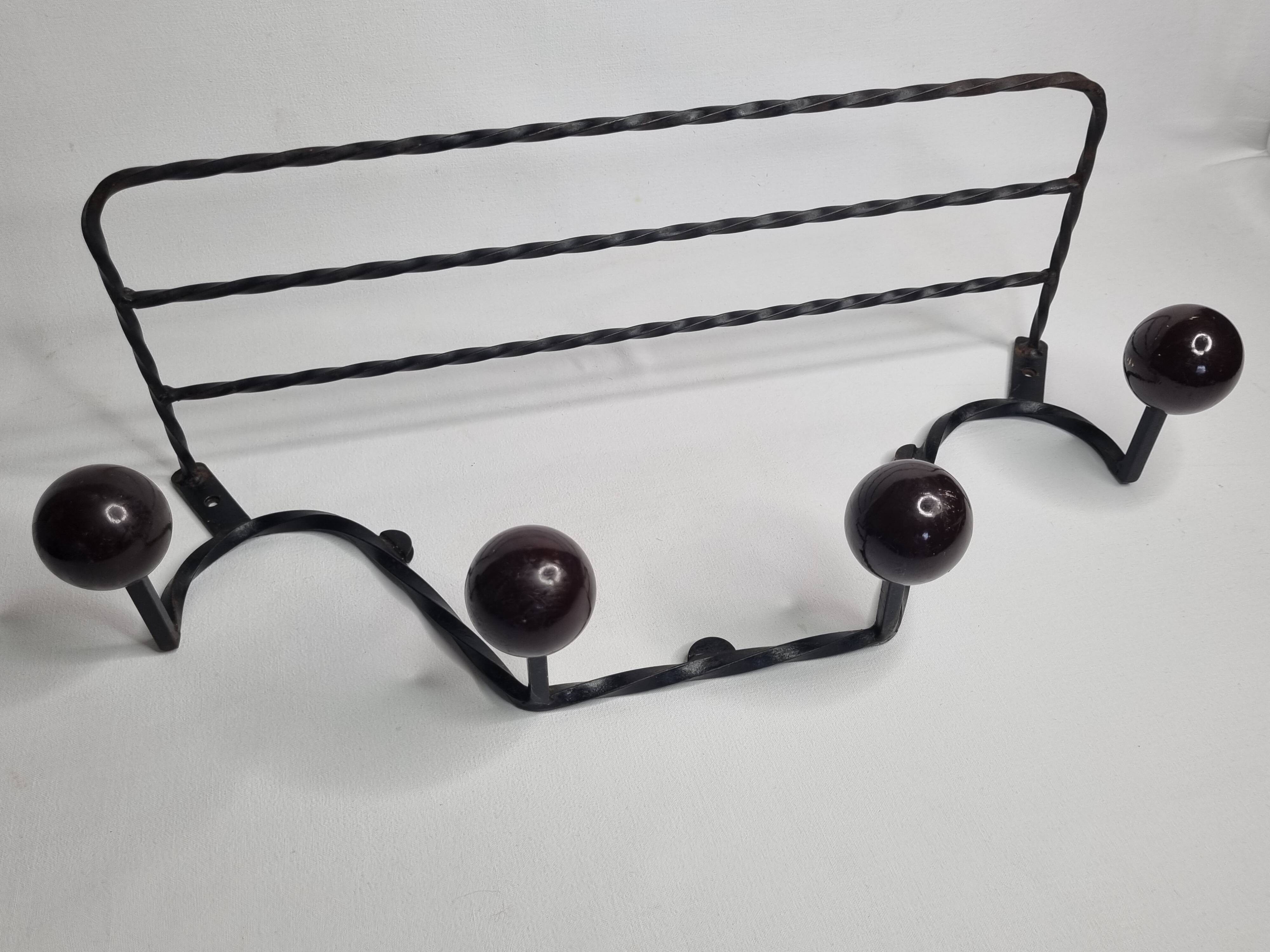 Vintage wrought iron wall coat rack with 4 hooks, 55 cm