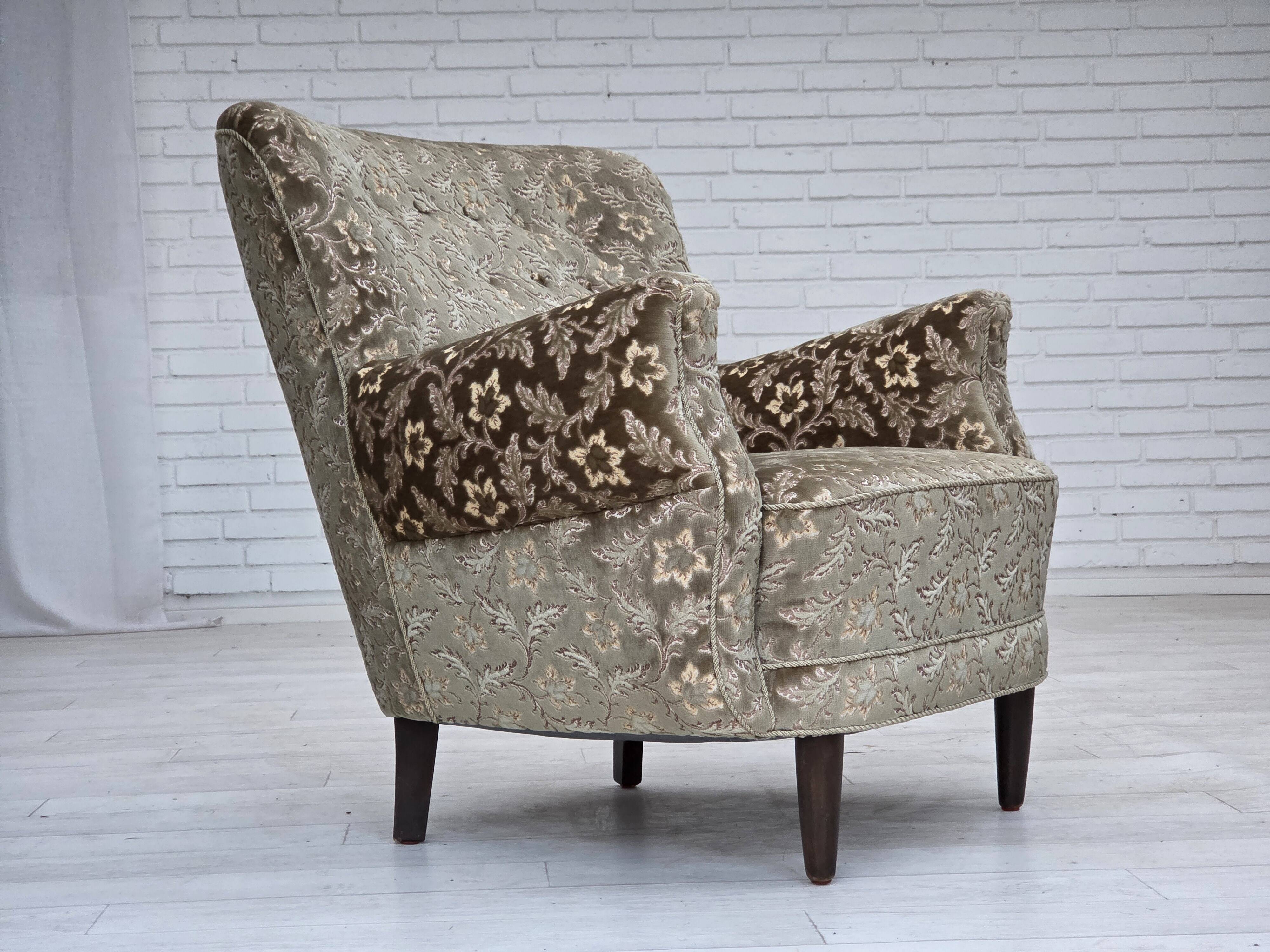 1960s, Danish armchair, light green furniture velour, teak wood legs.