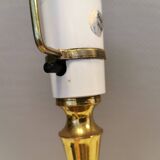 Table lamp from Danish Vitrika in brass, amber colored hard pressed glass, with a shade holder.