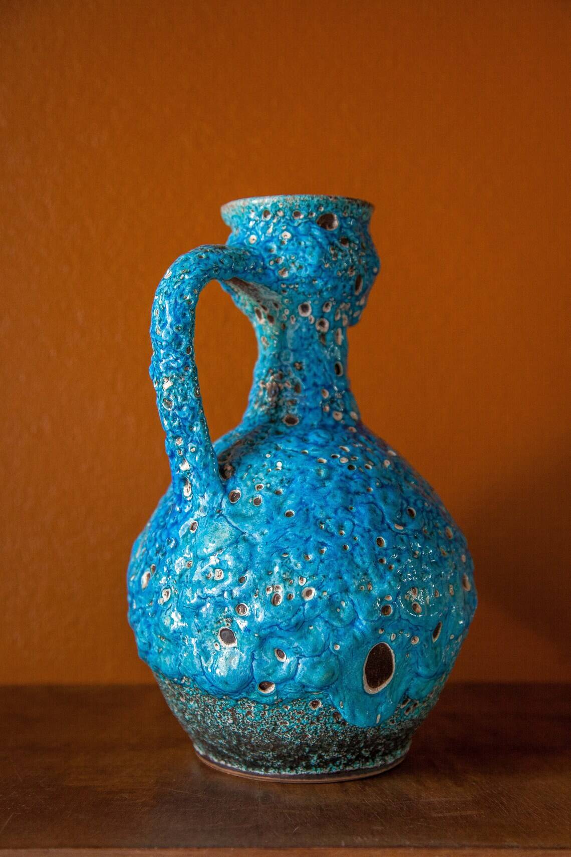 Fat Lava turquoise ceramic vase, ceramic pitcher, sea foam, blue crater vase, turquoise emaux