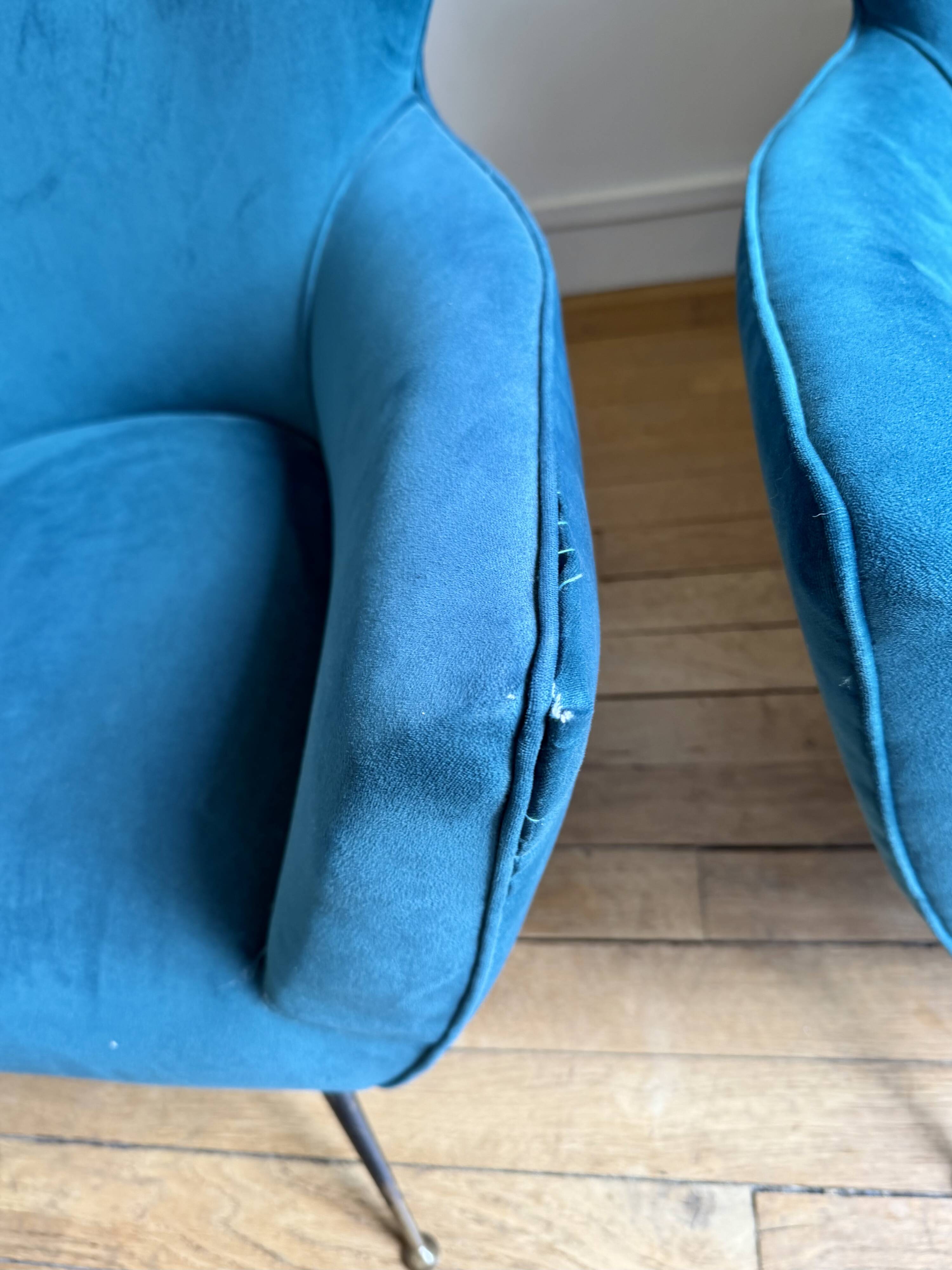 Pair of vintage Italian armchairs, 1950s-1960s, peacock blue velvet.