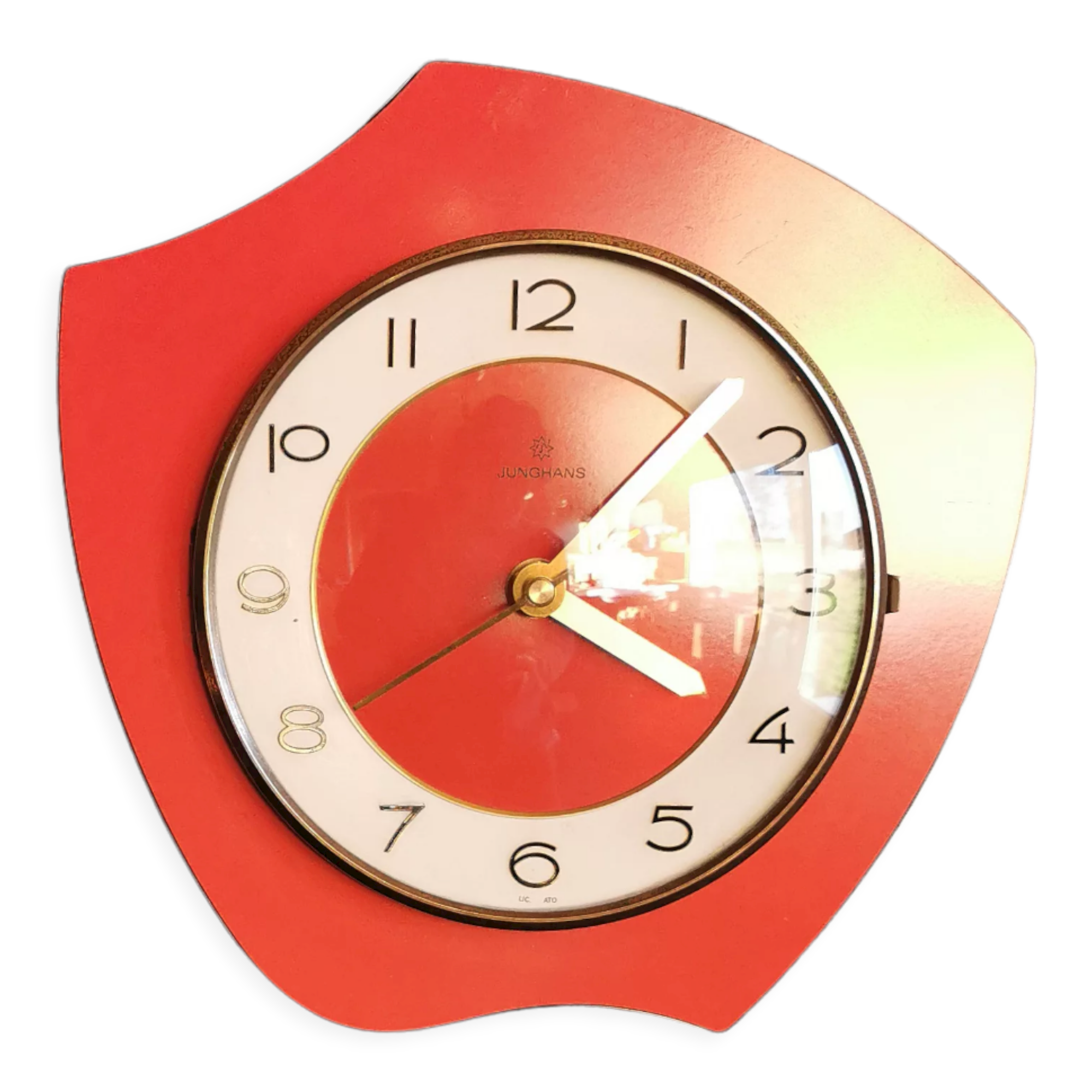Vintage formica clock asymmetrical silent wall clock "Red Junghans"