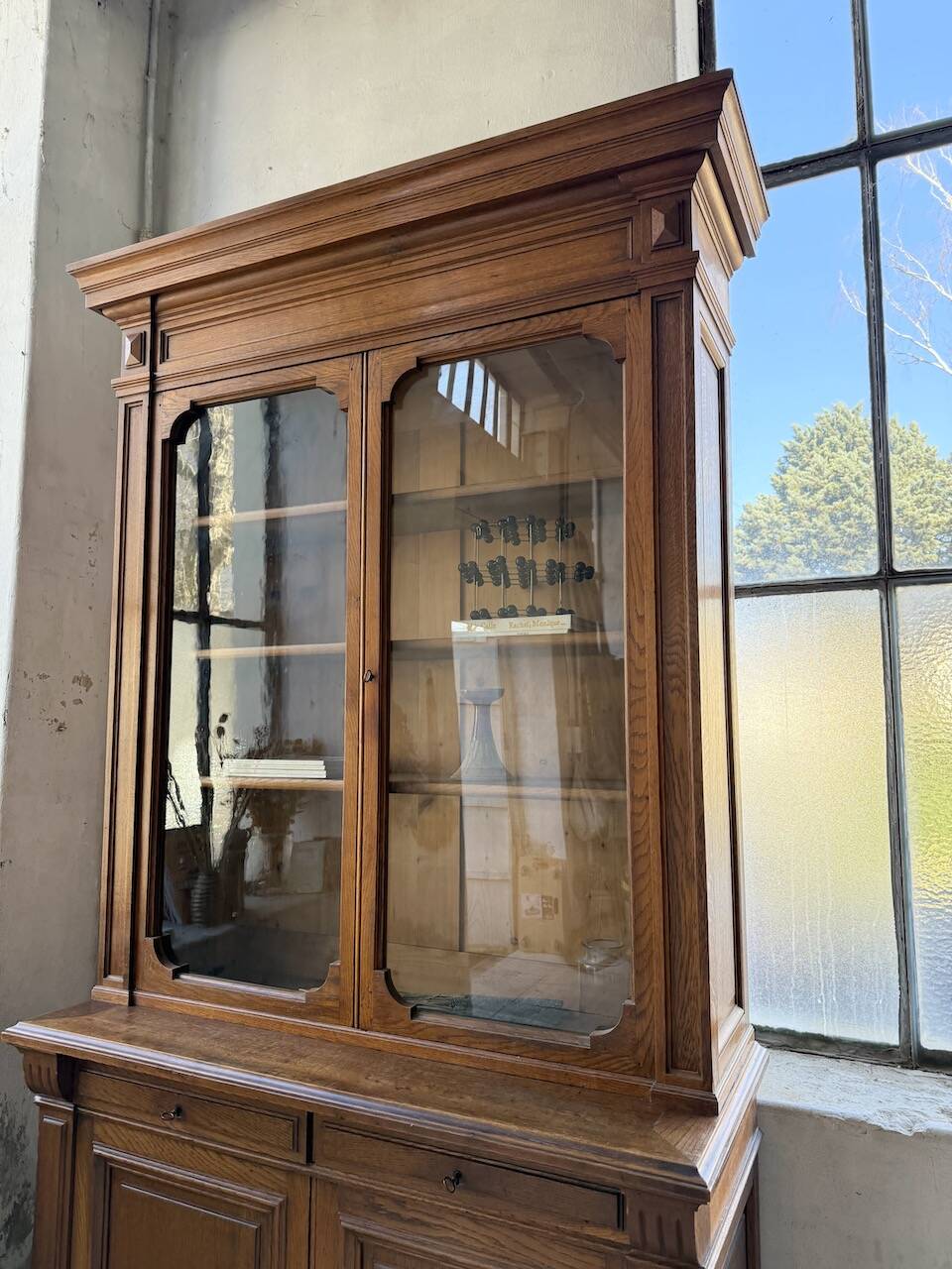 Antique XL Napoleonic oak glass bookcase, 19th century