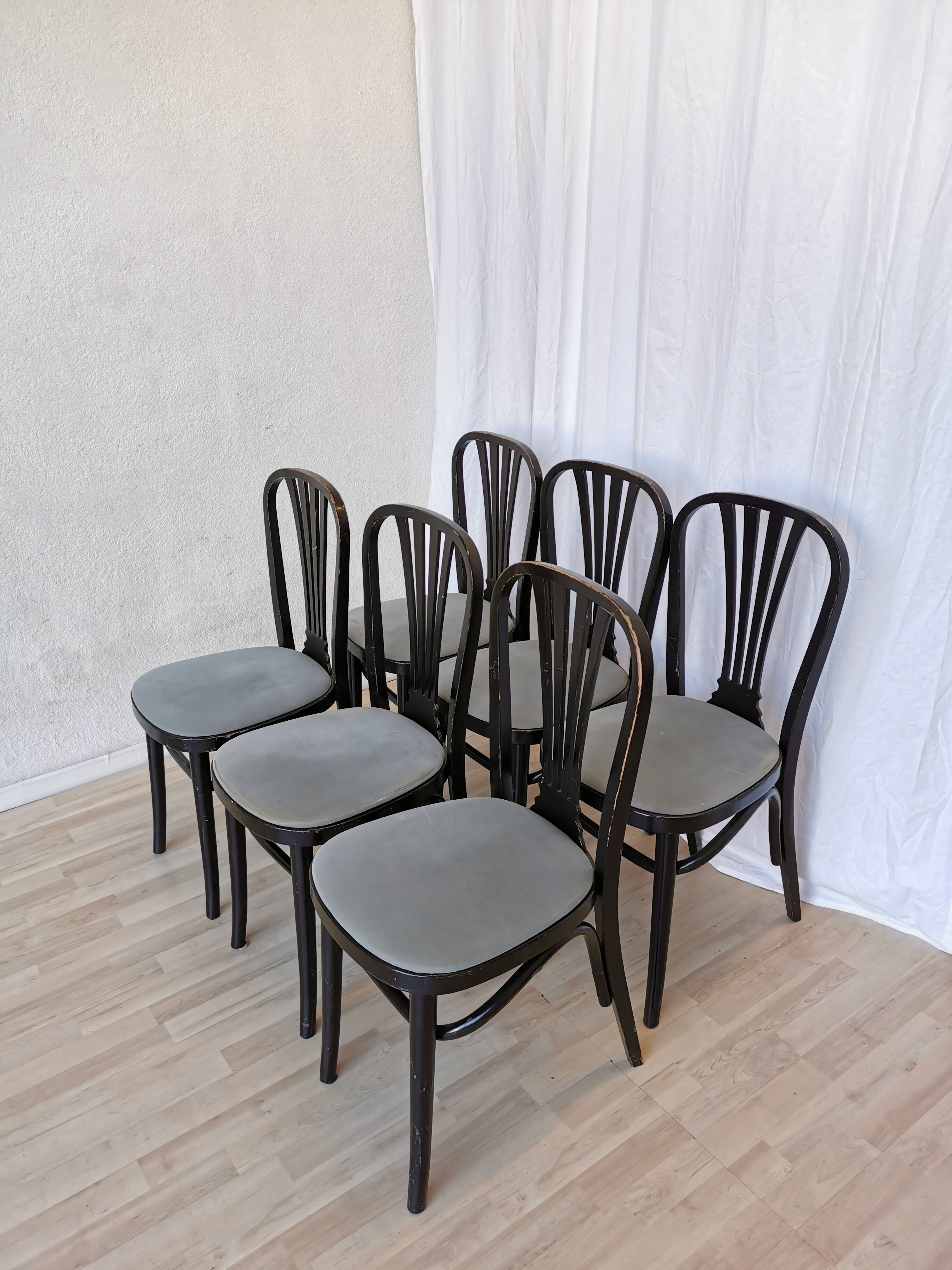 SET of 6 Vintage Black Wooden Dining Chairs by STOL Kamnik 1970s