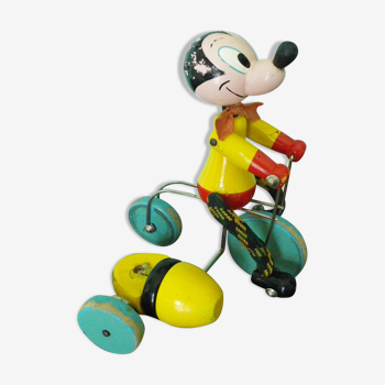 Old mickey pulling toy, wood, metal, fabric -vilac France-