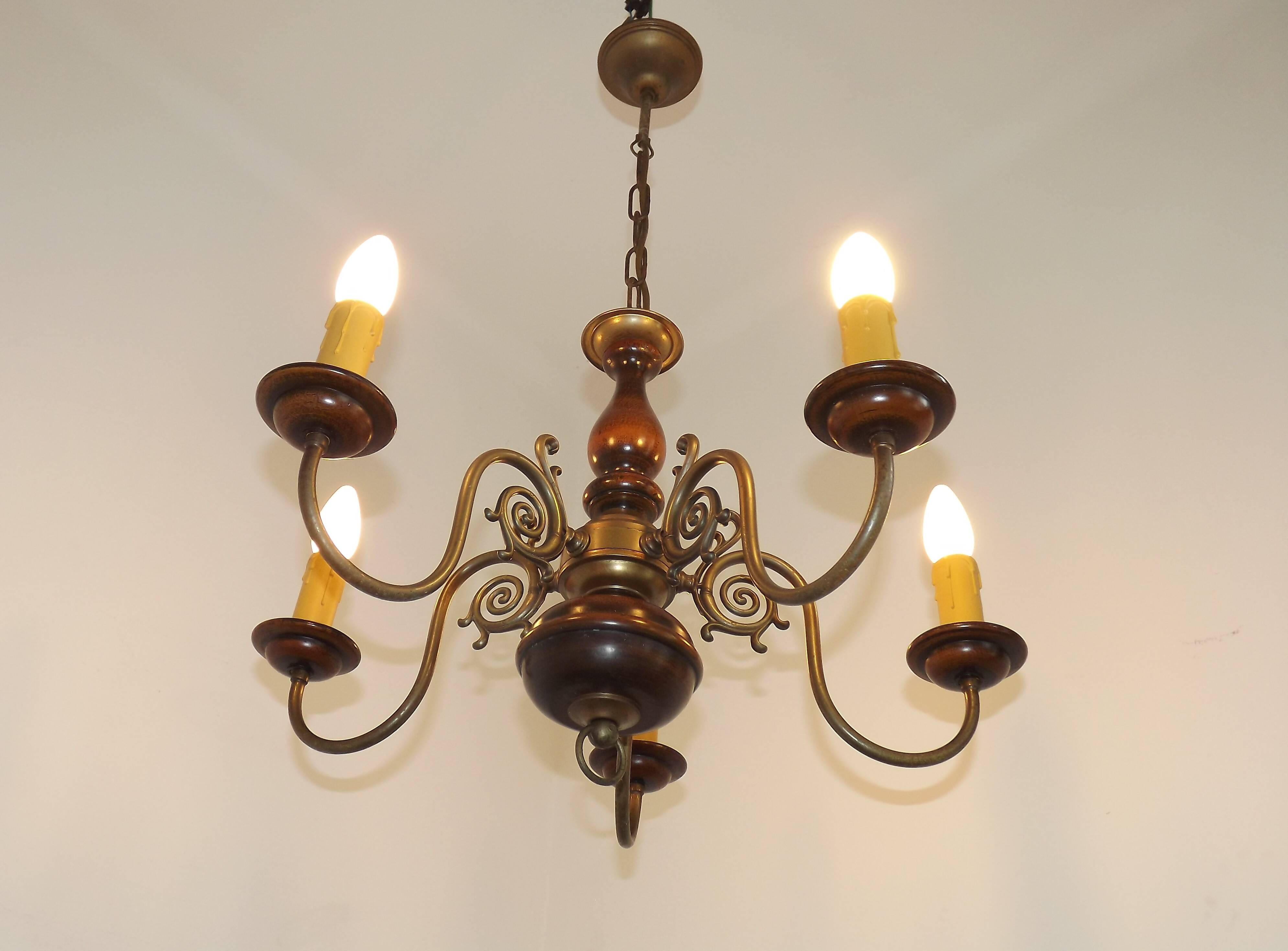French Vintage 5 Light Mid Century Chandelier in Wood, Bronze and Metal 5525