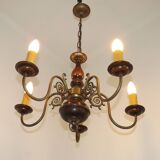 French Vintage 5 Light Mid Century Chandelier in Wood, Bronze and Metal 5525