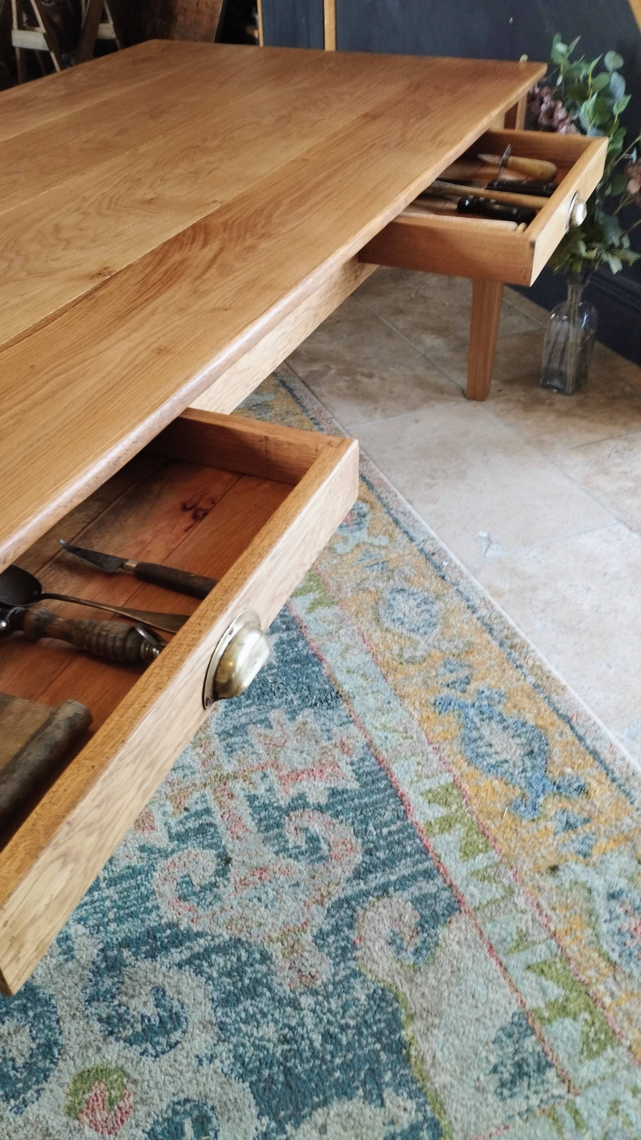 Solid oak farmhouse table, gilded and patinated, two drawers, 260 x 100 cm